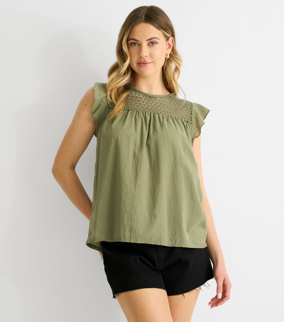 Gini London Women's Khaki Crochet Panel Top Gini London New Look