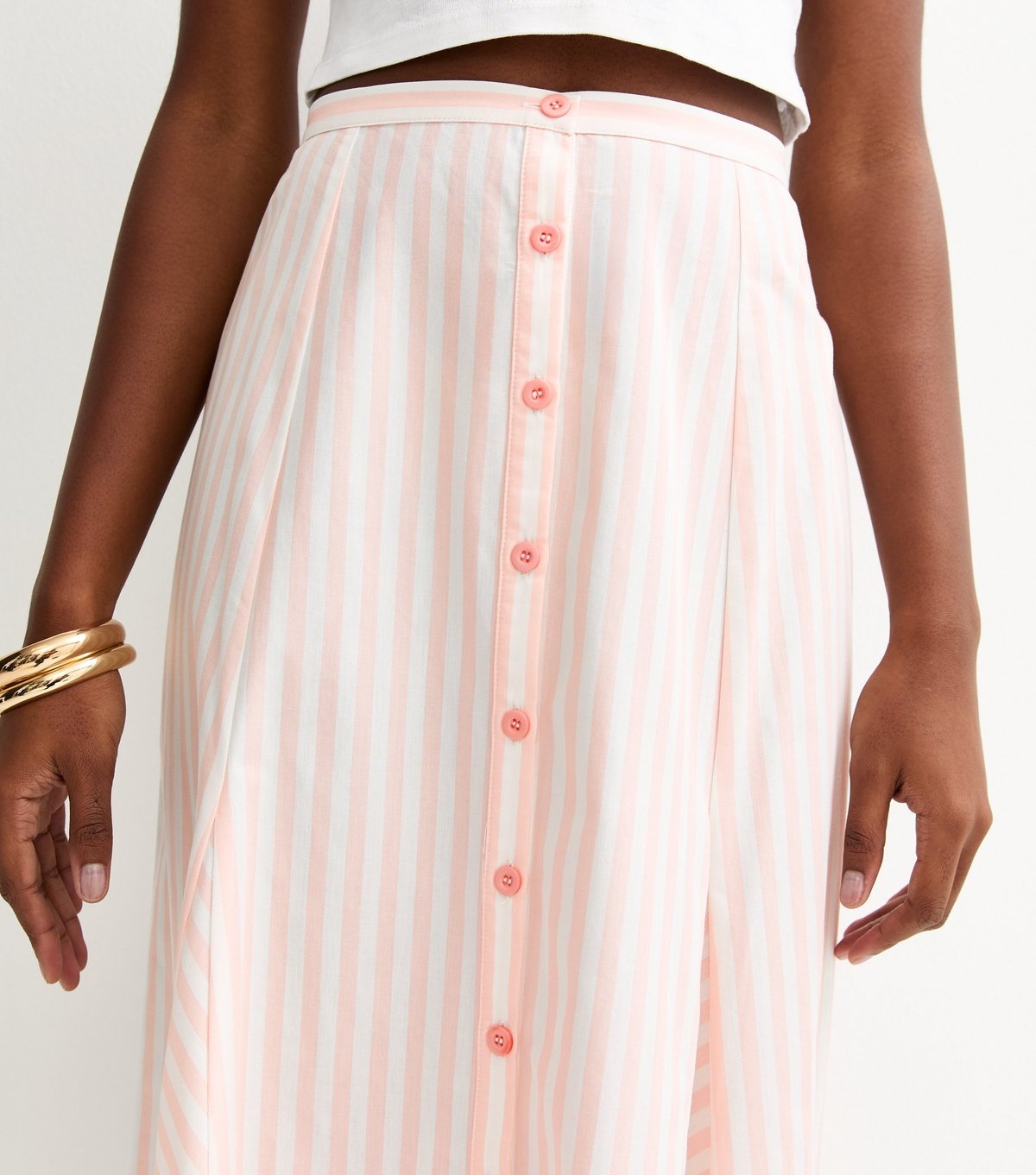New Look Women's Pink Striped Cotton Button Through Midi Skirt New Look - 2
