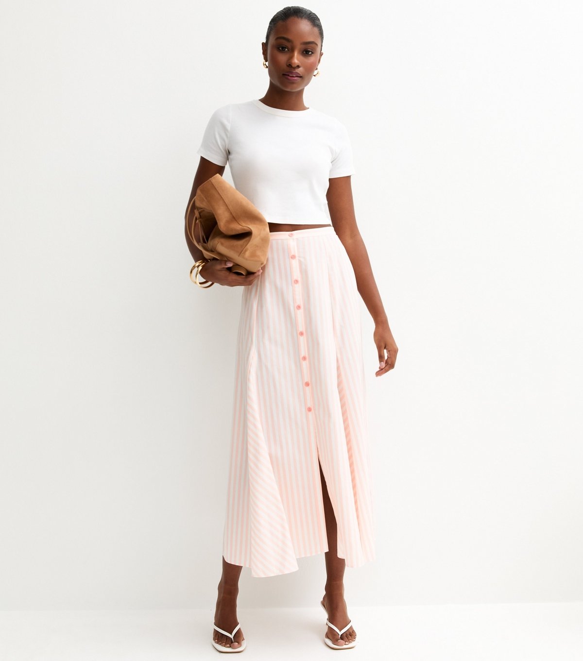 New Look Women's Pink Striped Cotton Button Through Midi Skirt New Look - 3