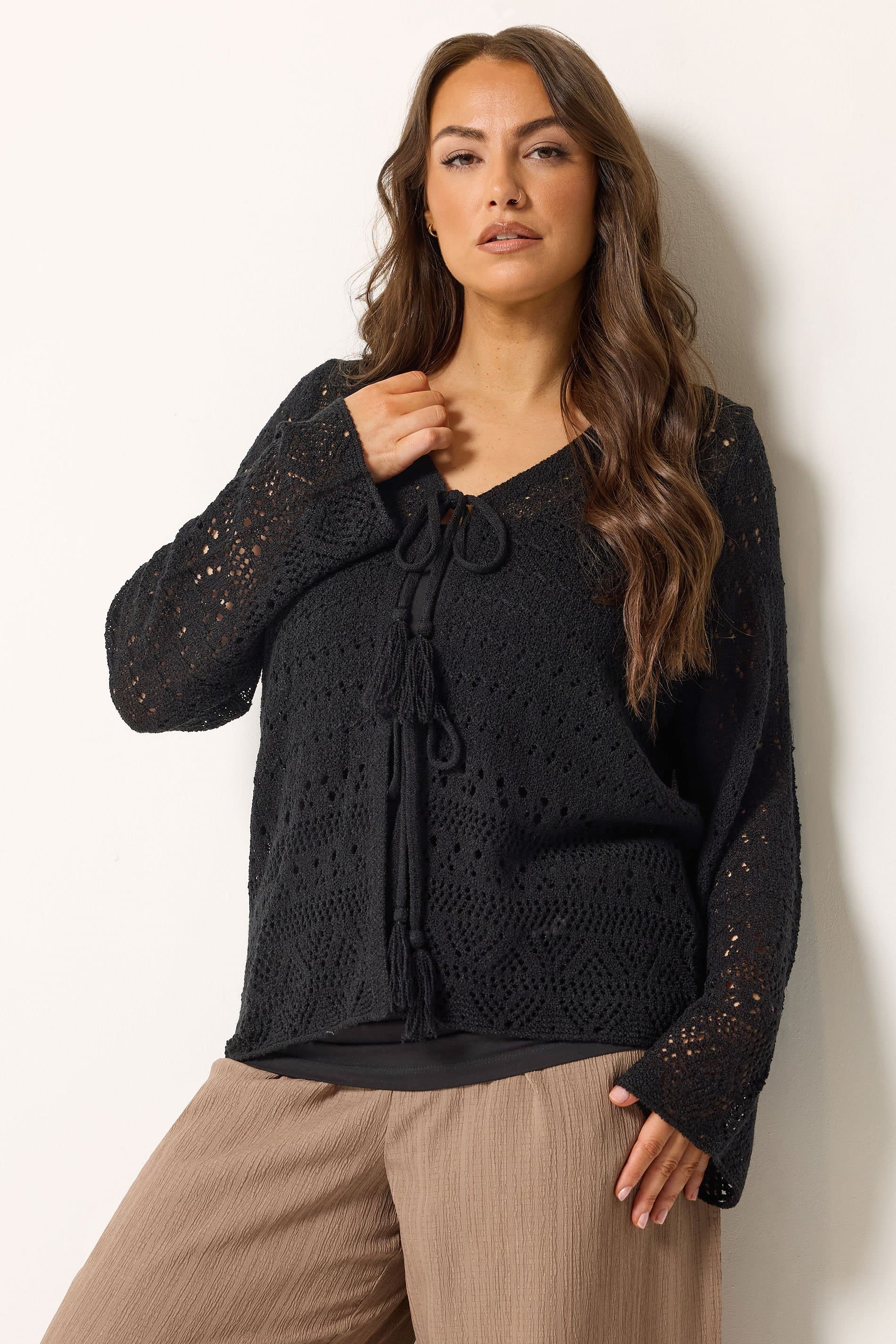 Yours Plus Size Black Pointelle Knitted Tie Cardigan