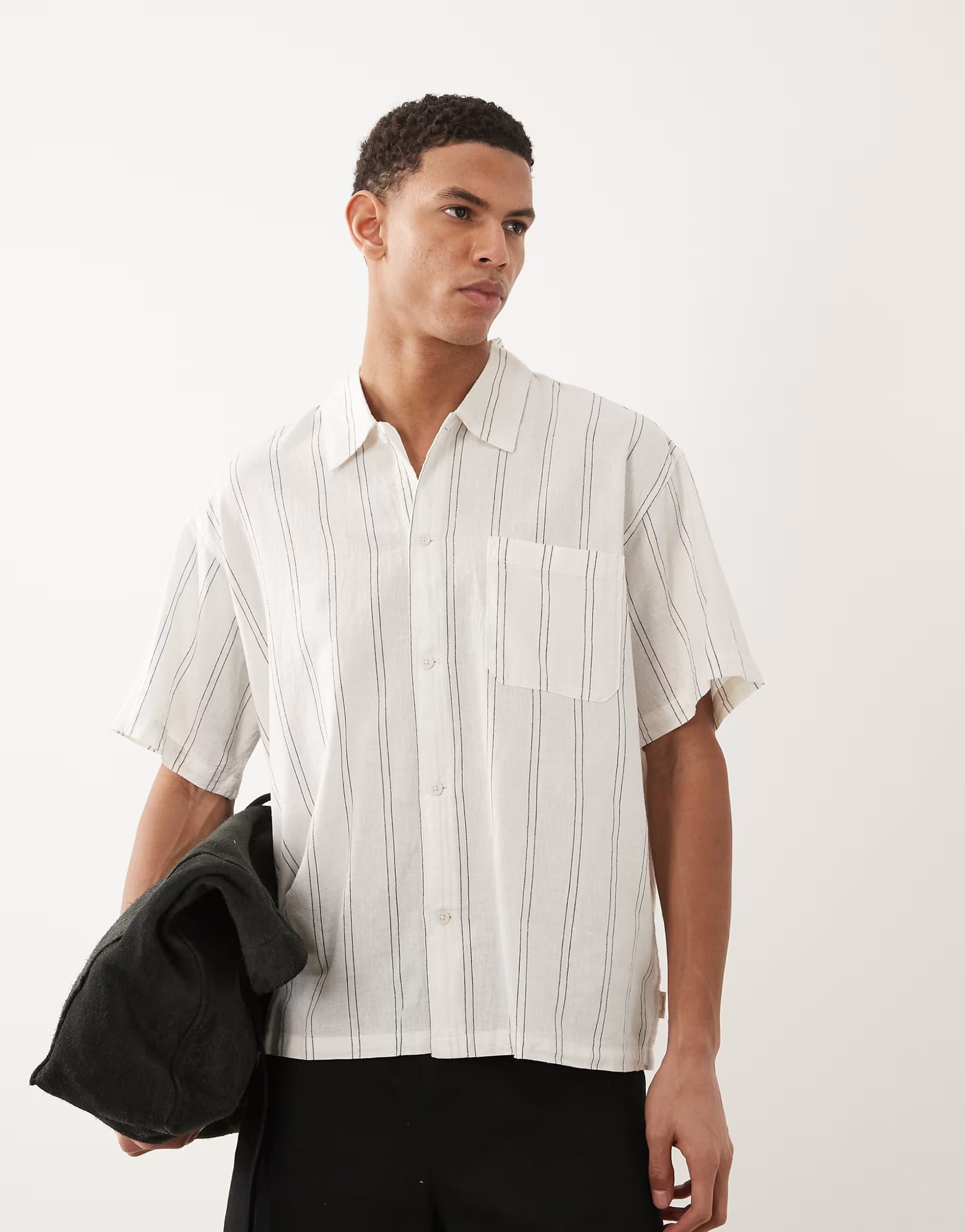 ASOS Jack & Jones linen blend cropped short sleeve stripe shirt in cream