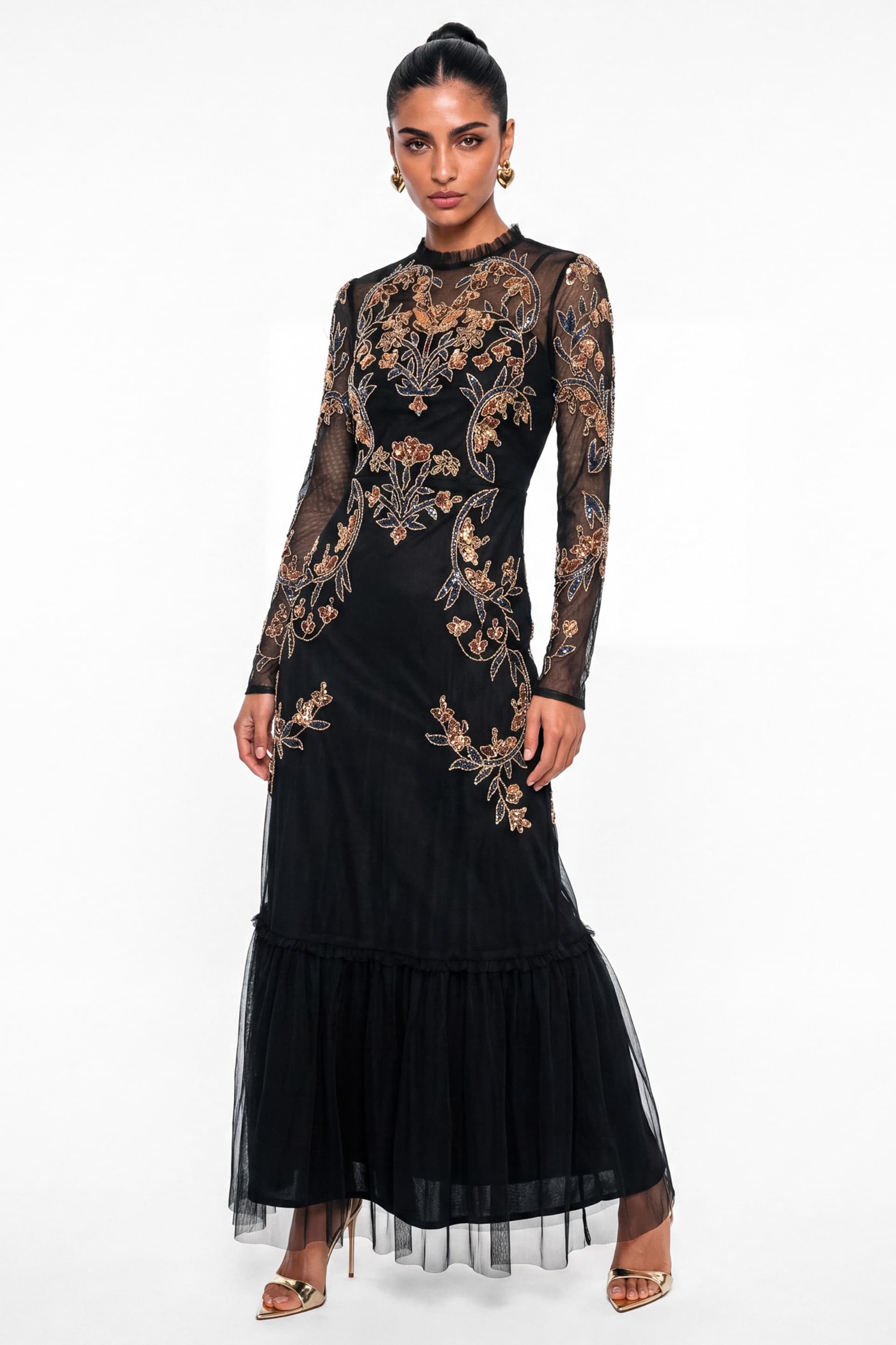 Maya Deluxe Maya Deluxe Women's Embellished Long Sleeve High Neck Midaxi Dress in Black