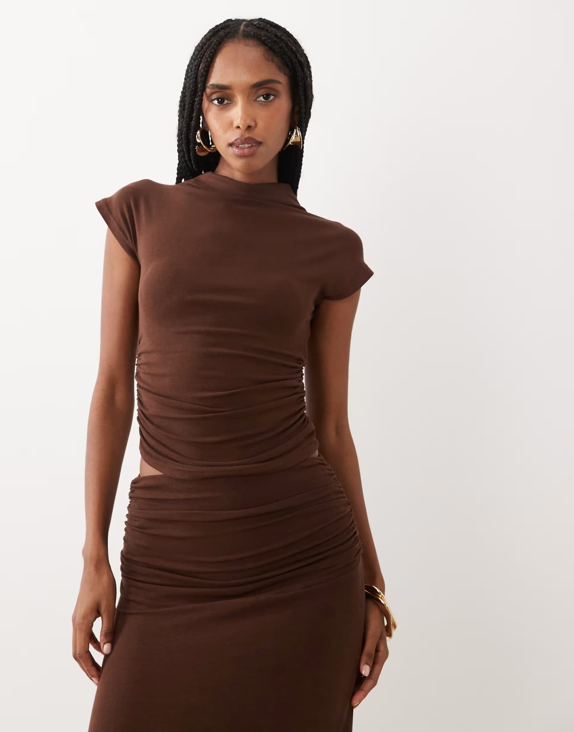 ASOS 4th & Reckless ruched side high neck short sleeve top co-ord in chocolate