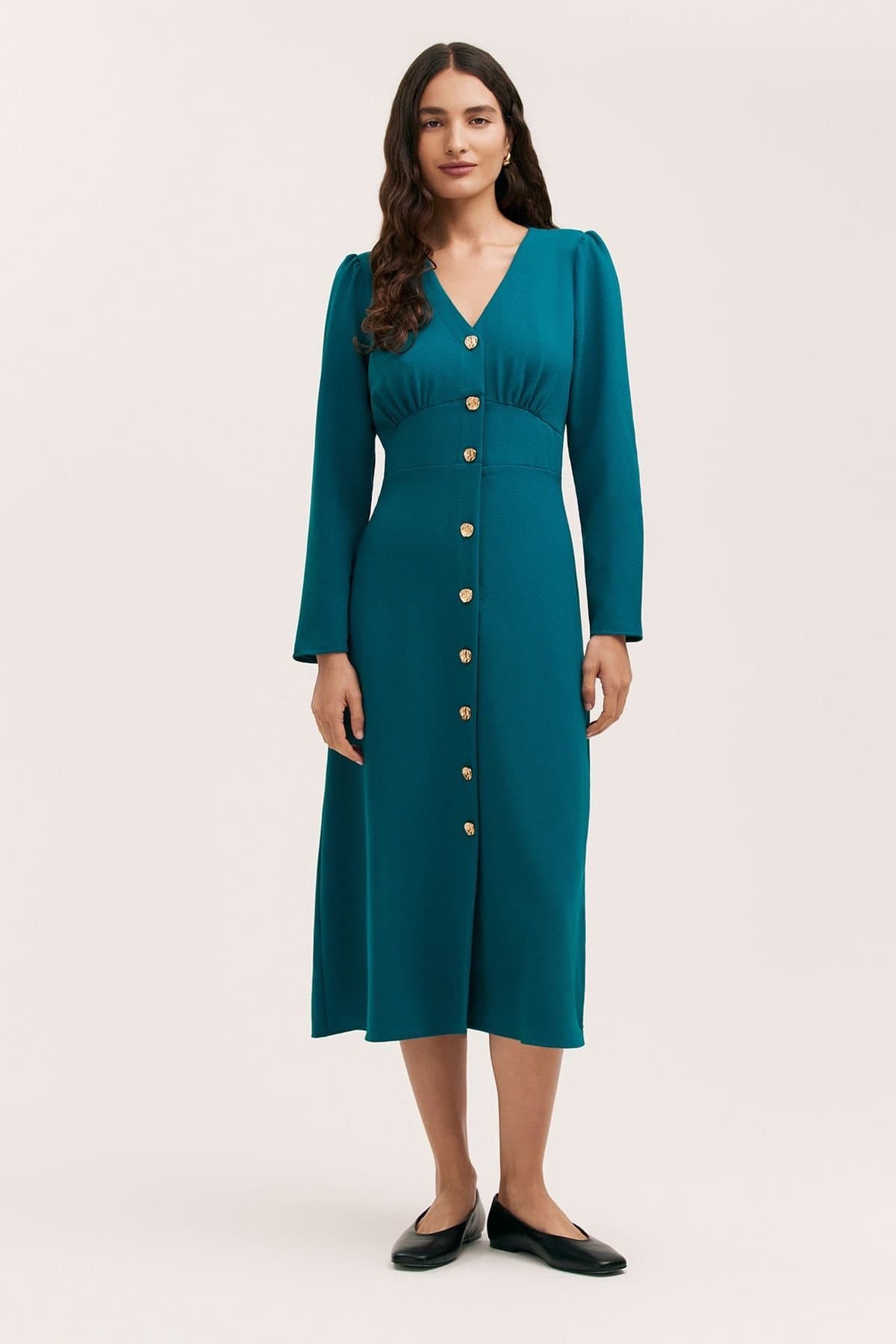 Finery London Finery London Women's Caprice Long Sleeve Crepe Midi Dress in Teal