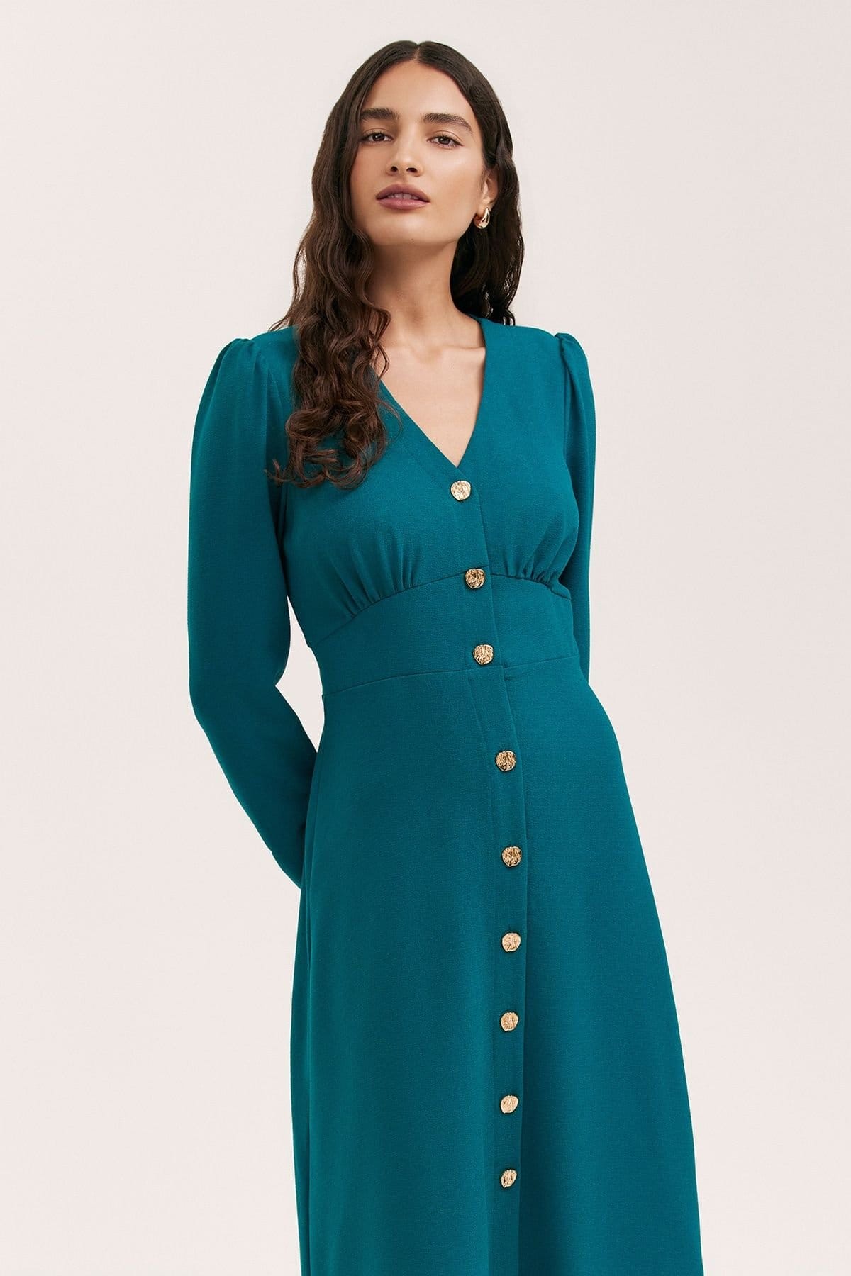 Finery London Finery London Women's Caprice Long Sleeve Crepe Midi Dress in Teal - 4