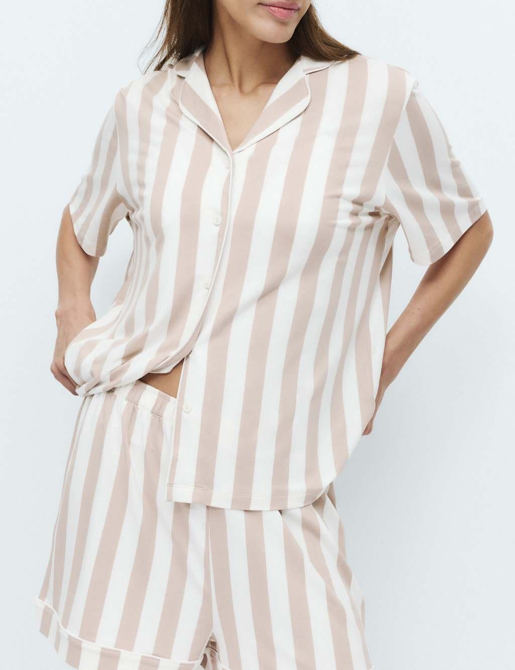Marks & Spencer M&S Soft Touch Printed Revere Shortie Set Neutral