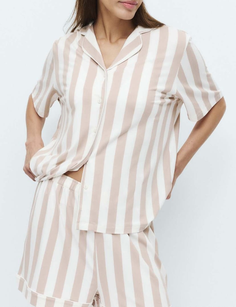 Marks & Spencer M&S Soft Touch Printed Revere Shortie Set Neutral - 1