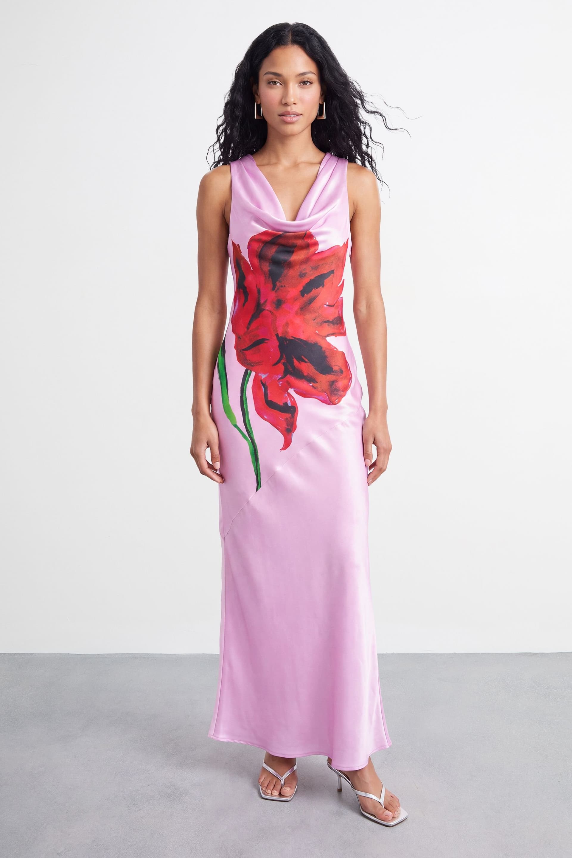 Warehouse Warehouse Women's Floral Placement Print Racer Neck Satin Maxi Dress in Lilac