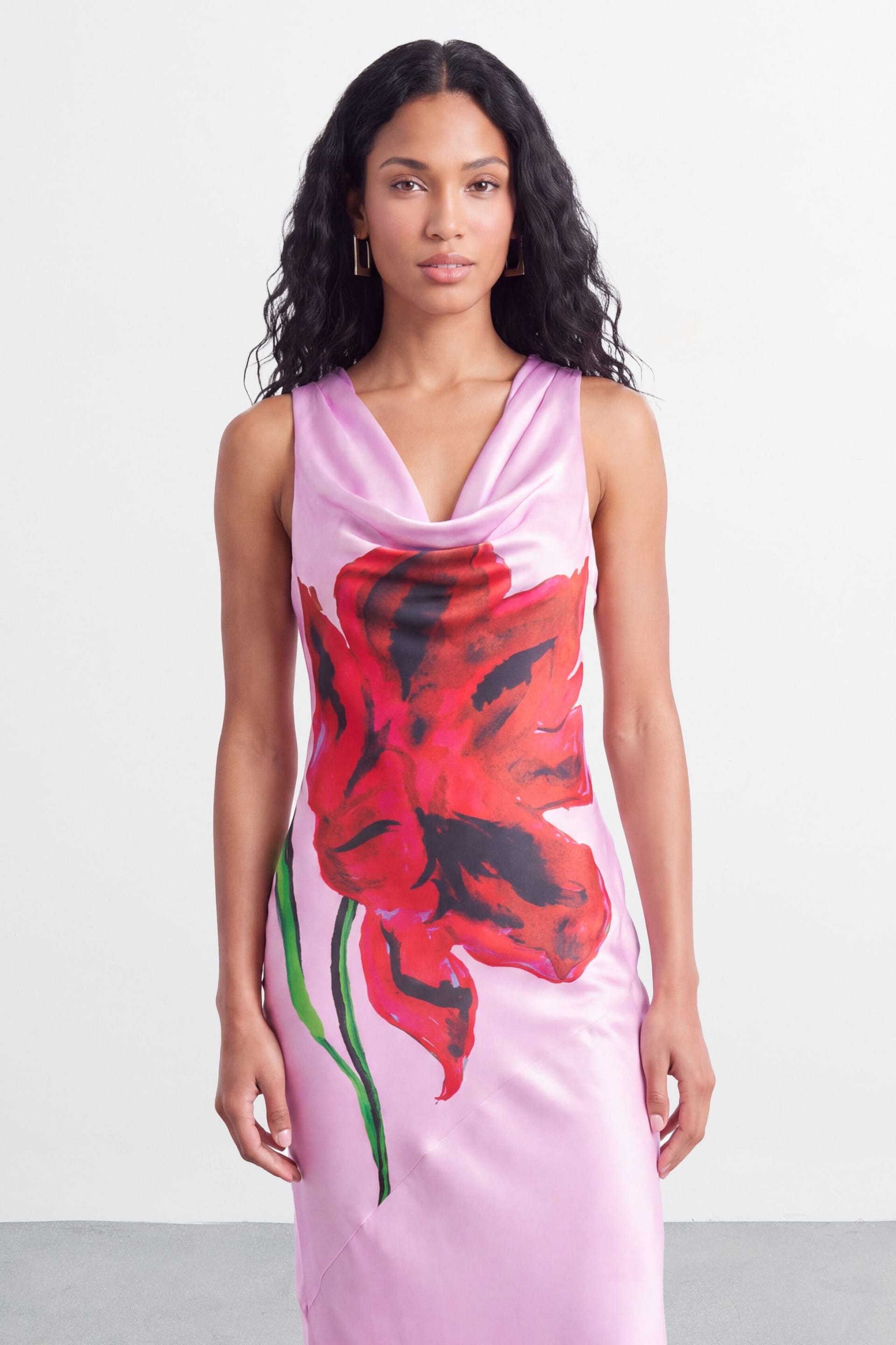 Warehouse Warehouse Women's Floral Placement Print Racer Neck Satin Maxi Dress in Lilac - 4