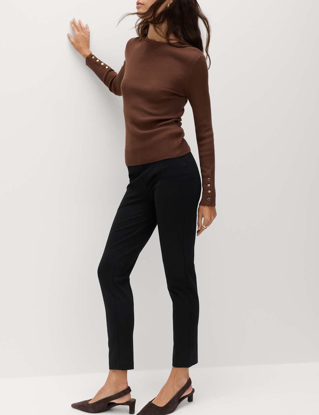 Marks & Spencer M&S Jersey Slim Fit Ankle Grazer Trousers in Black