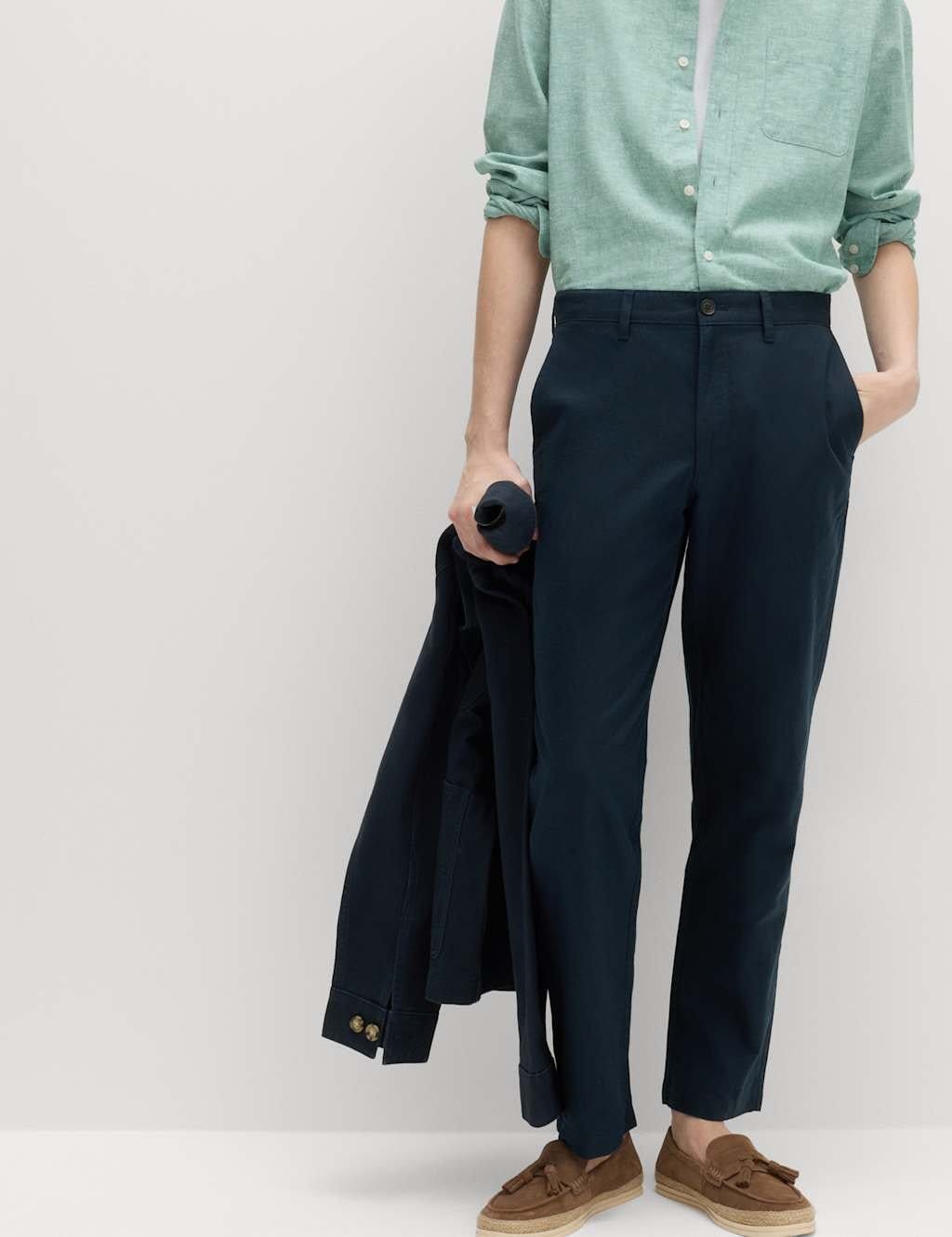 M&S Regular Fit Linen Blend Chinos Navy