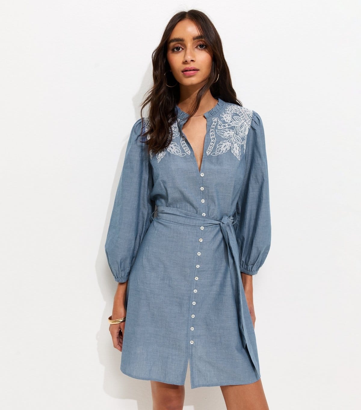Women's Light Blue Chambray Embroidered Smock Mini Dress New Look