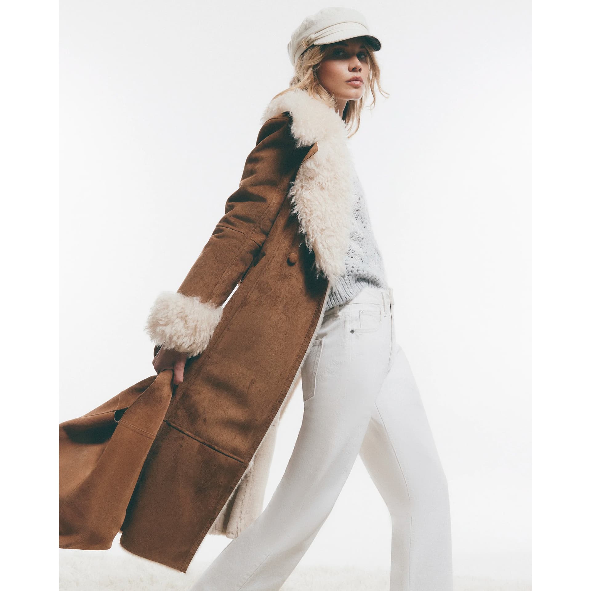 River Island River Island Womens Beige Belted Faux Shearling Trench Coat