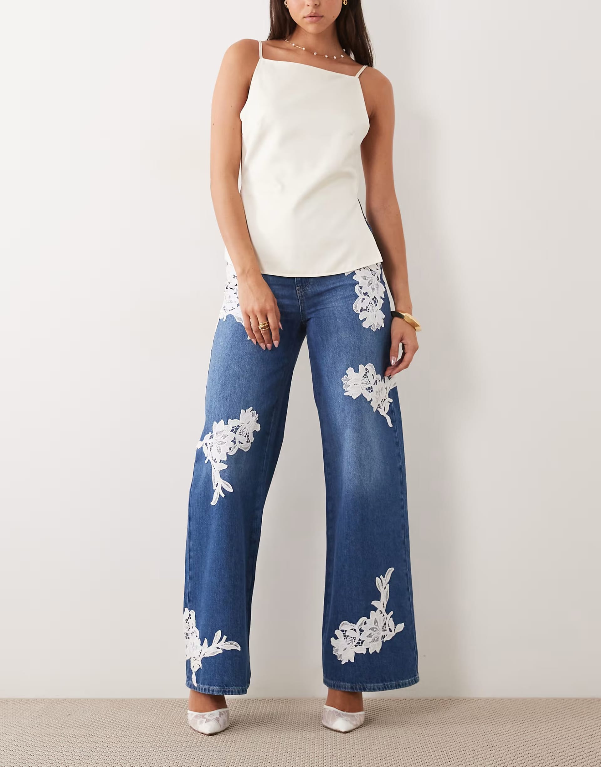 ASOS LUXE Navy Blue Lace Appliques Wide Leg Jeans