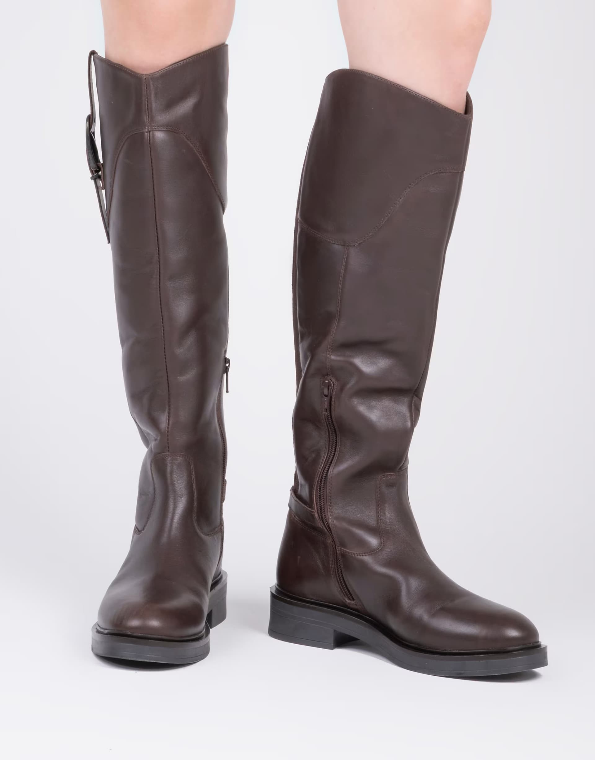 ASOS Off The Hook Carnaby leather knee-high riding boots with buckle strap and side zip in brown