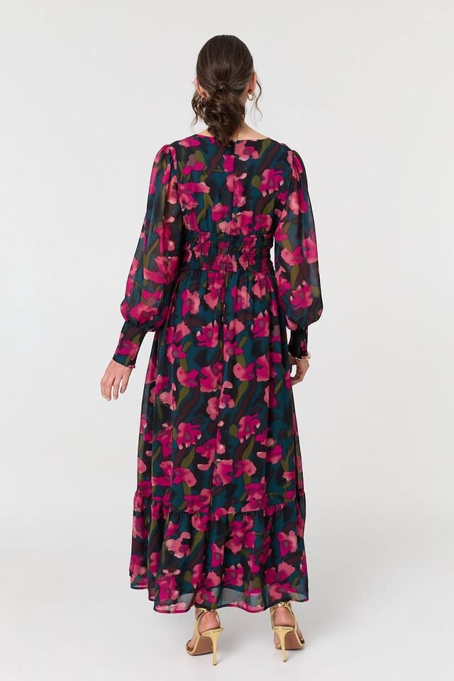 Izabel London Izabel London Women's Floral Ruched Long Sleeve Maxi Dress in Green - 2