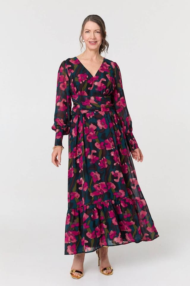 Izabel London Izabel London Women's Floral Ruched Long Sleeve Maxi Dress in Green - 3