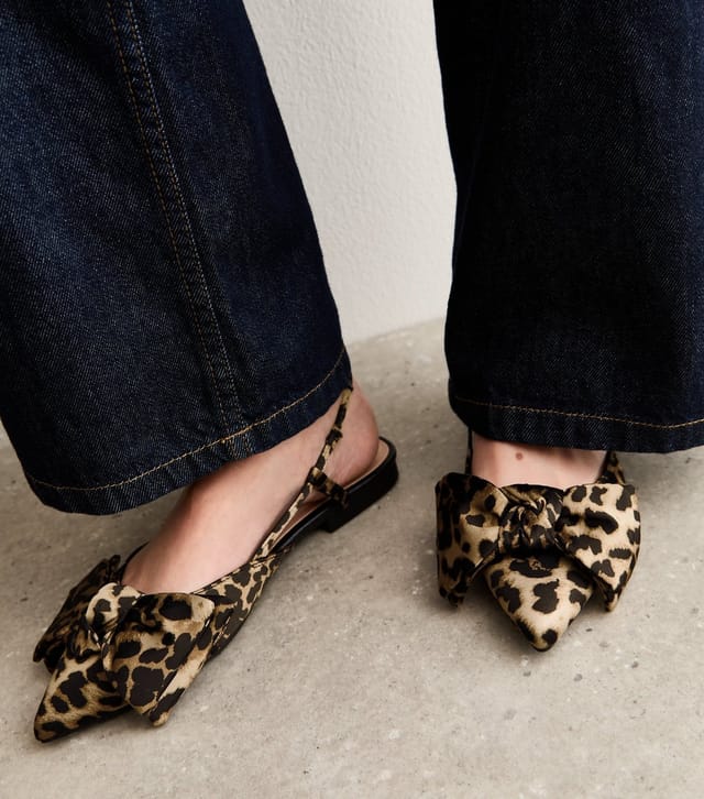 New Look Women's Brown Leopard Print Satin Bow Slingback Ballerina Pumps Vegan New Look - 2