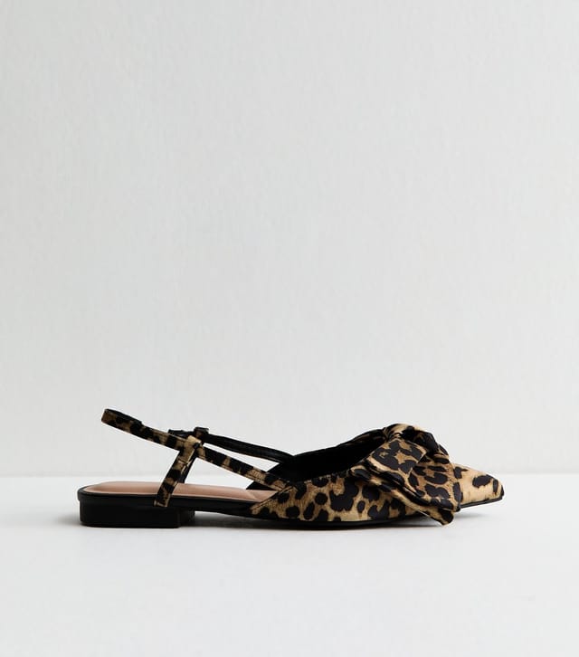 New Look Women's Brown Leopard Print Satin Bow Slingback Ballerina Pumps Vegan New Look - 3
