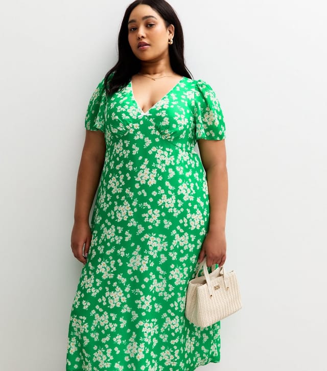 New Look Women's Plus Size Green Floral Print Chiffon Midi Dress Curves New Look - 3