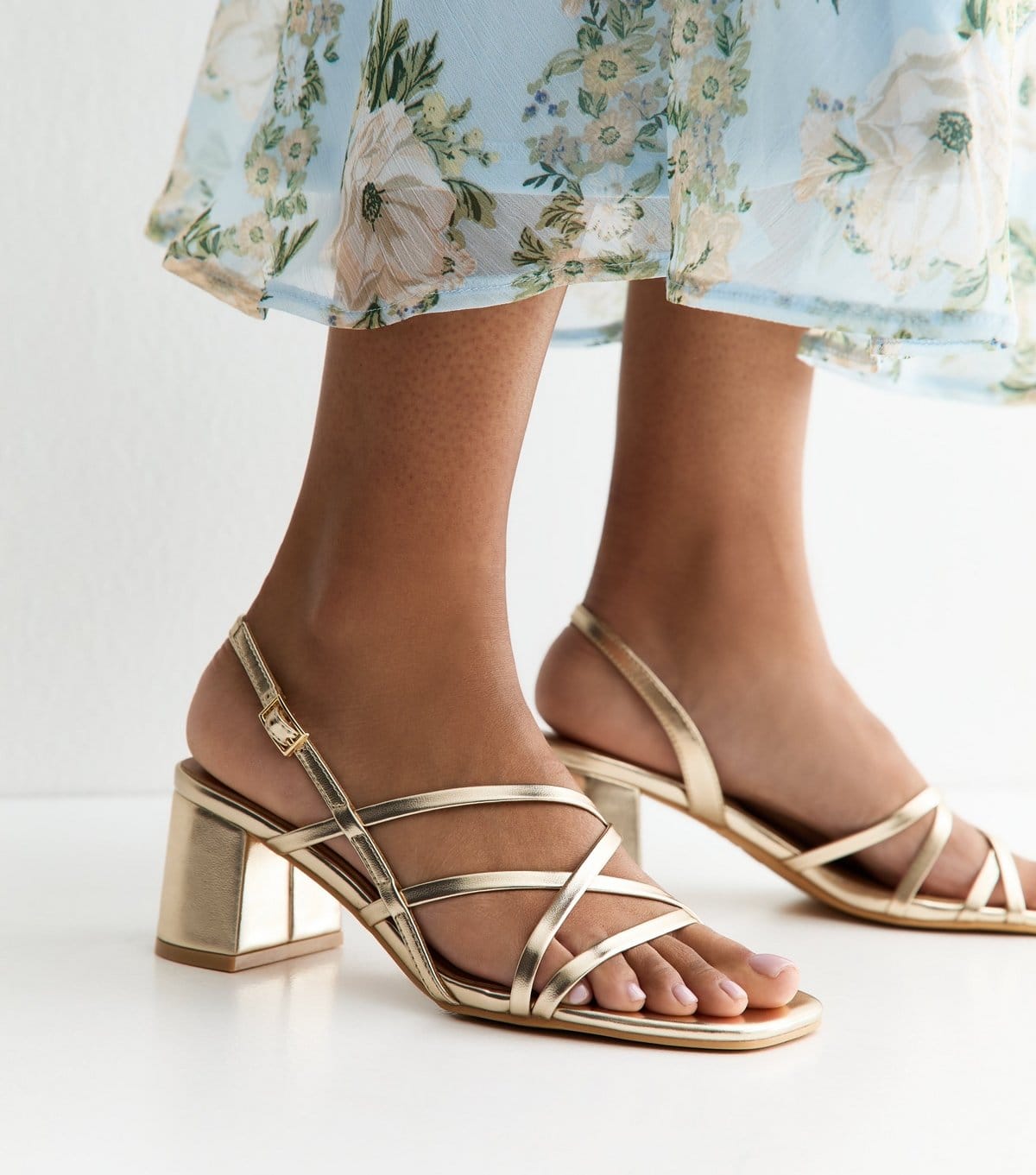 New Look Women's Gold Faux Leather Multi Strap Block Heel Sandals Vegan New Look - 4