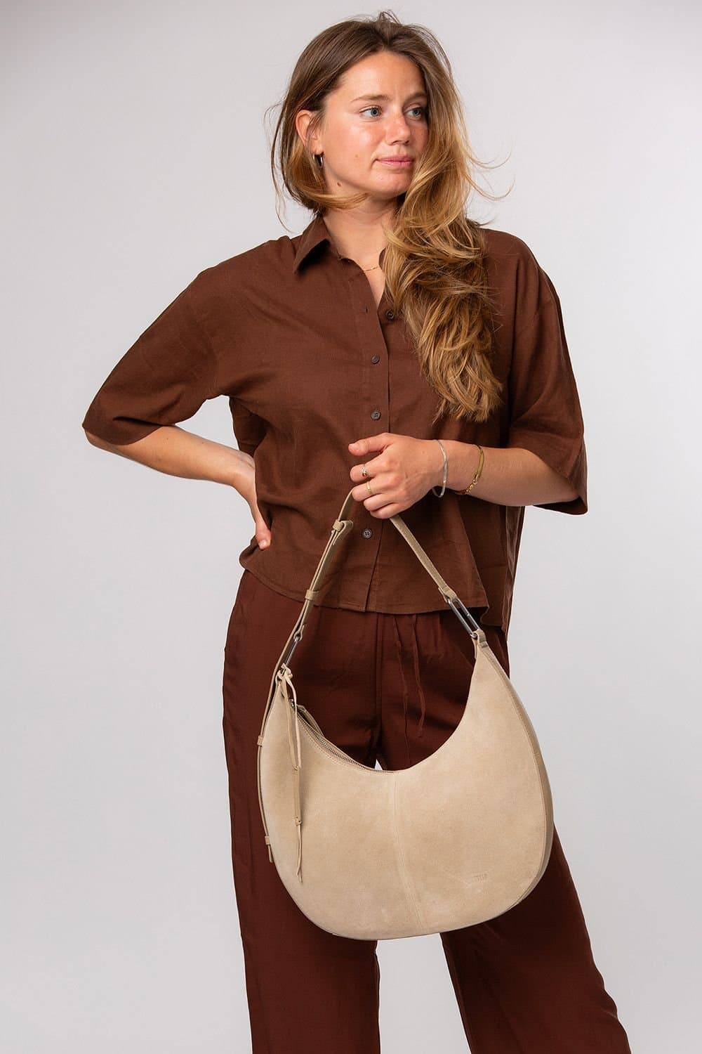 Cultured London Cultured London Women's 'Kacey' Suede & Leather Shoulder Bag in Beige