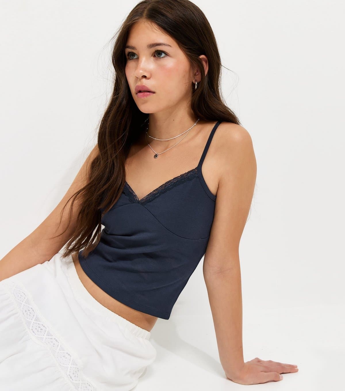 New Look Girls' Navy Lace Trim V-Neck Fitted Cami Top New Look
