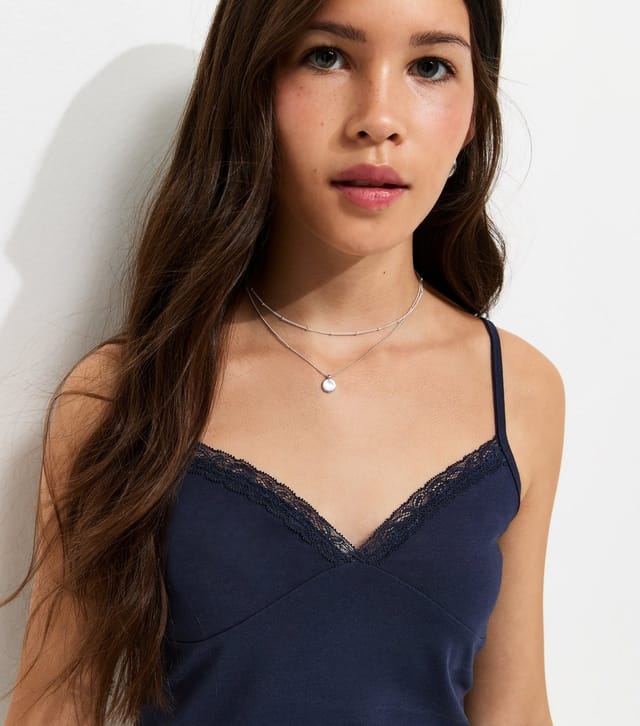New Look Girls' Navy Lace Trim V-Neck Fitted Cami Top New Look - 2