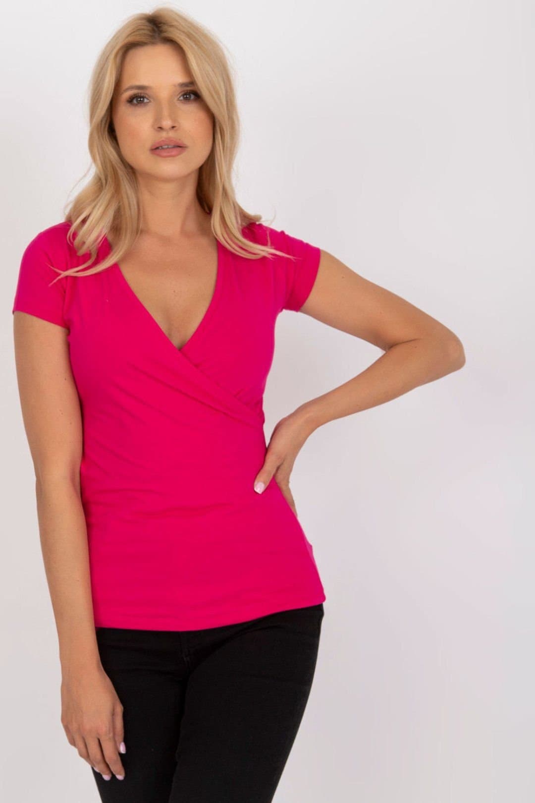 Love Lace Love Lace Women's Fitted Short Sleeve Envelope Neck Blouse Style 191767 in Fuchsia