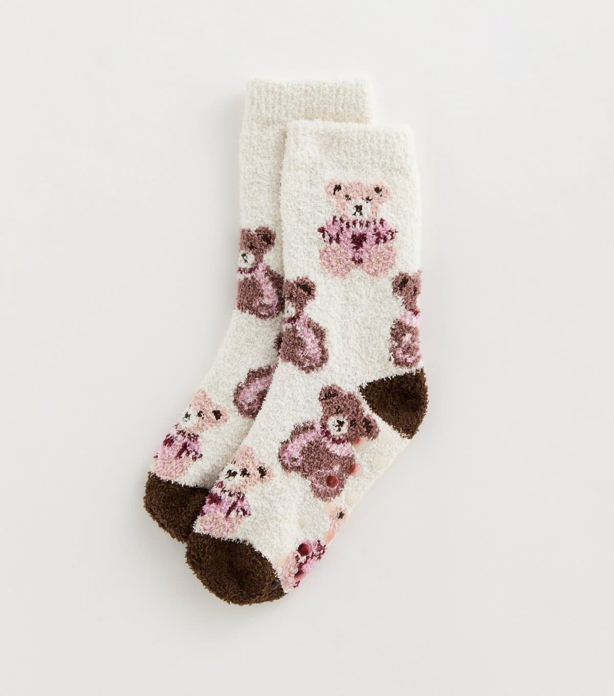New Look Cream Fluffy Teddy Bear Patterned Ankle Socks New Look