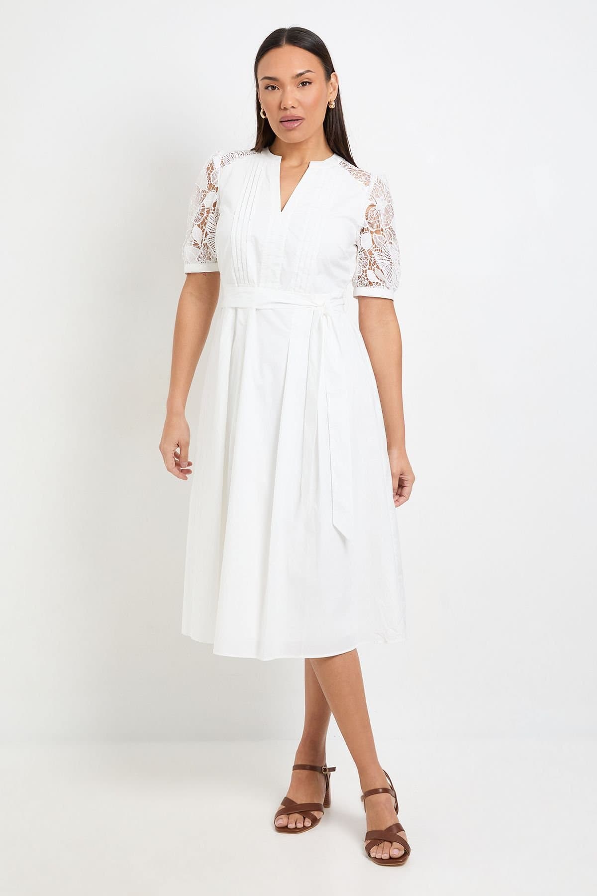 Wallis Wallis Women's Petite Cotton Lace Belted Midi Dress in Ivory
