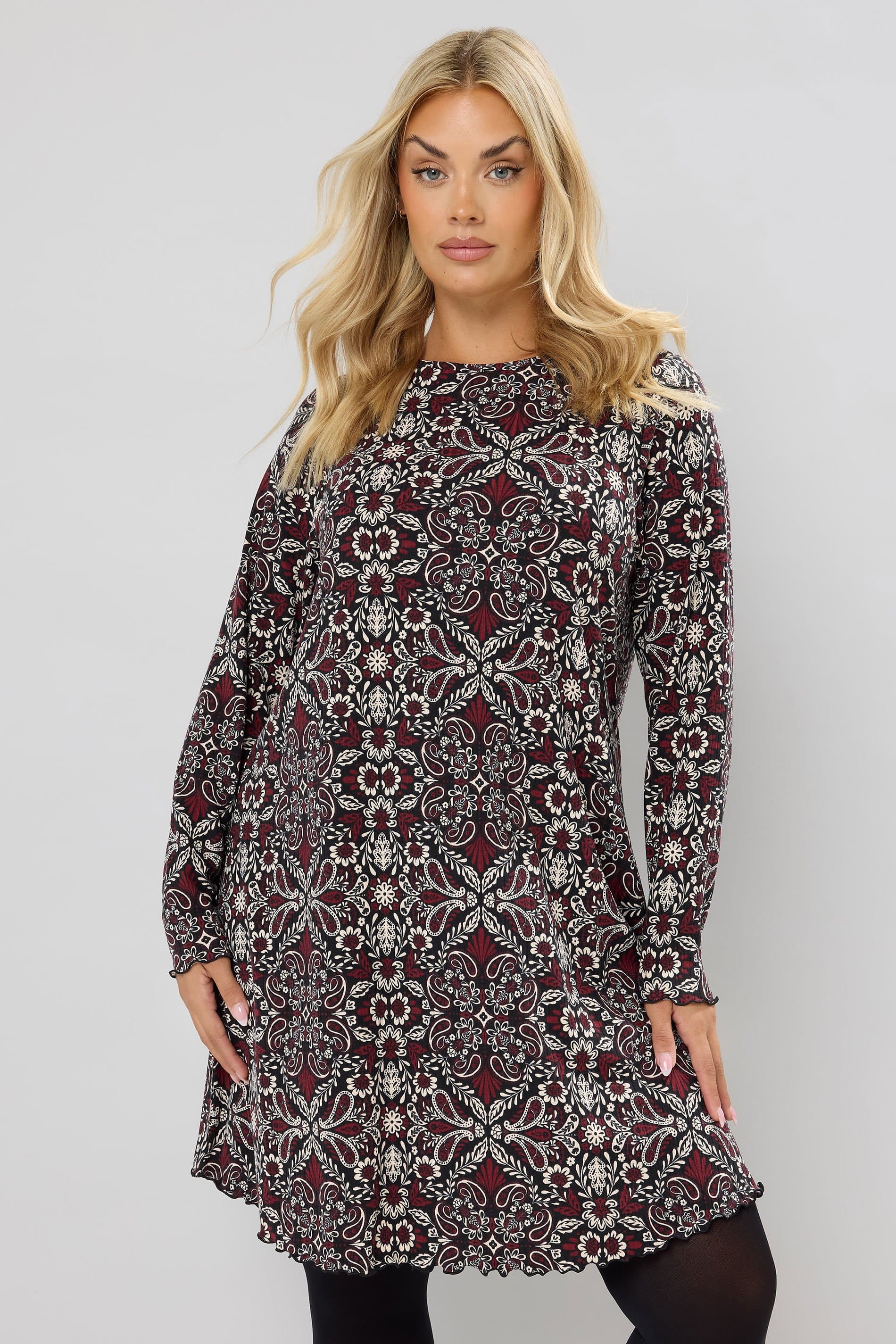 Yours Plus Size Chocolate Brown Paisley Print Ribbed Tunic Top