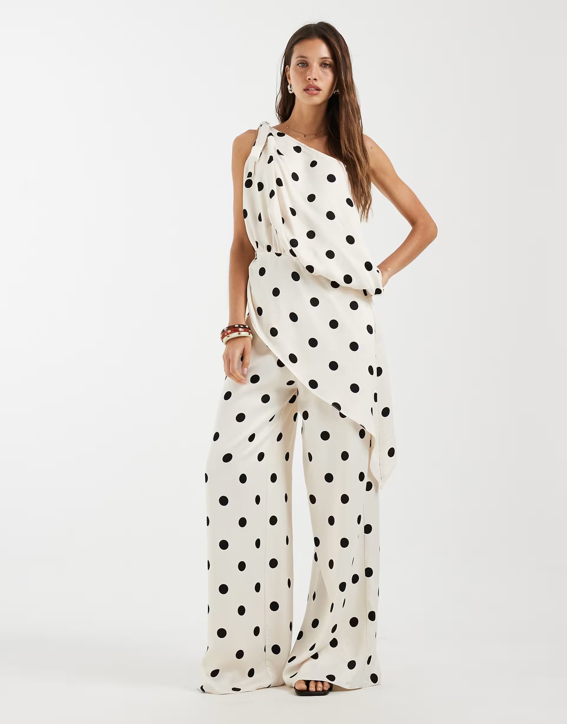 ASOS ASOS DESIGN satin wide leg trouser in cream polka dot co ord
