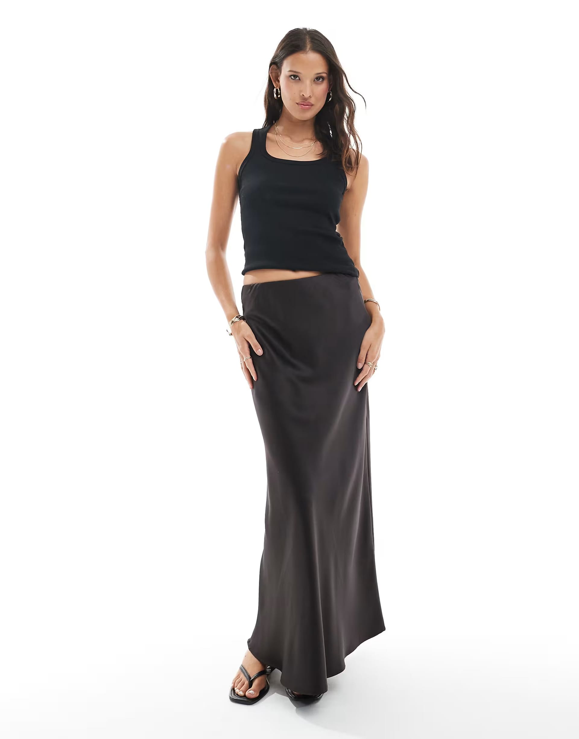 Vero Moda Chocolate Satin Bias Midi Skirt