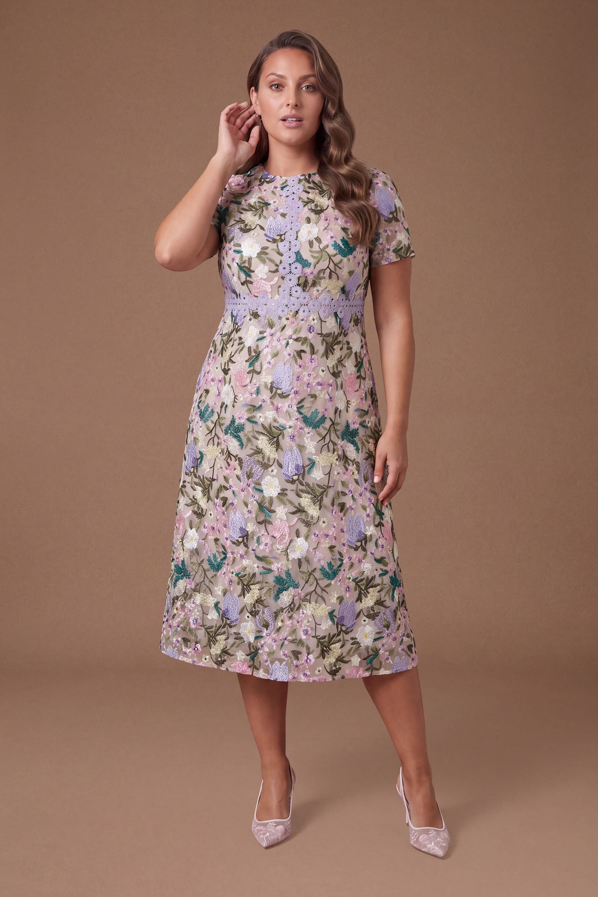 Coast Coast Women's Plus Embroidered Floral With Laid On Lace Midi Dress