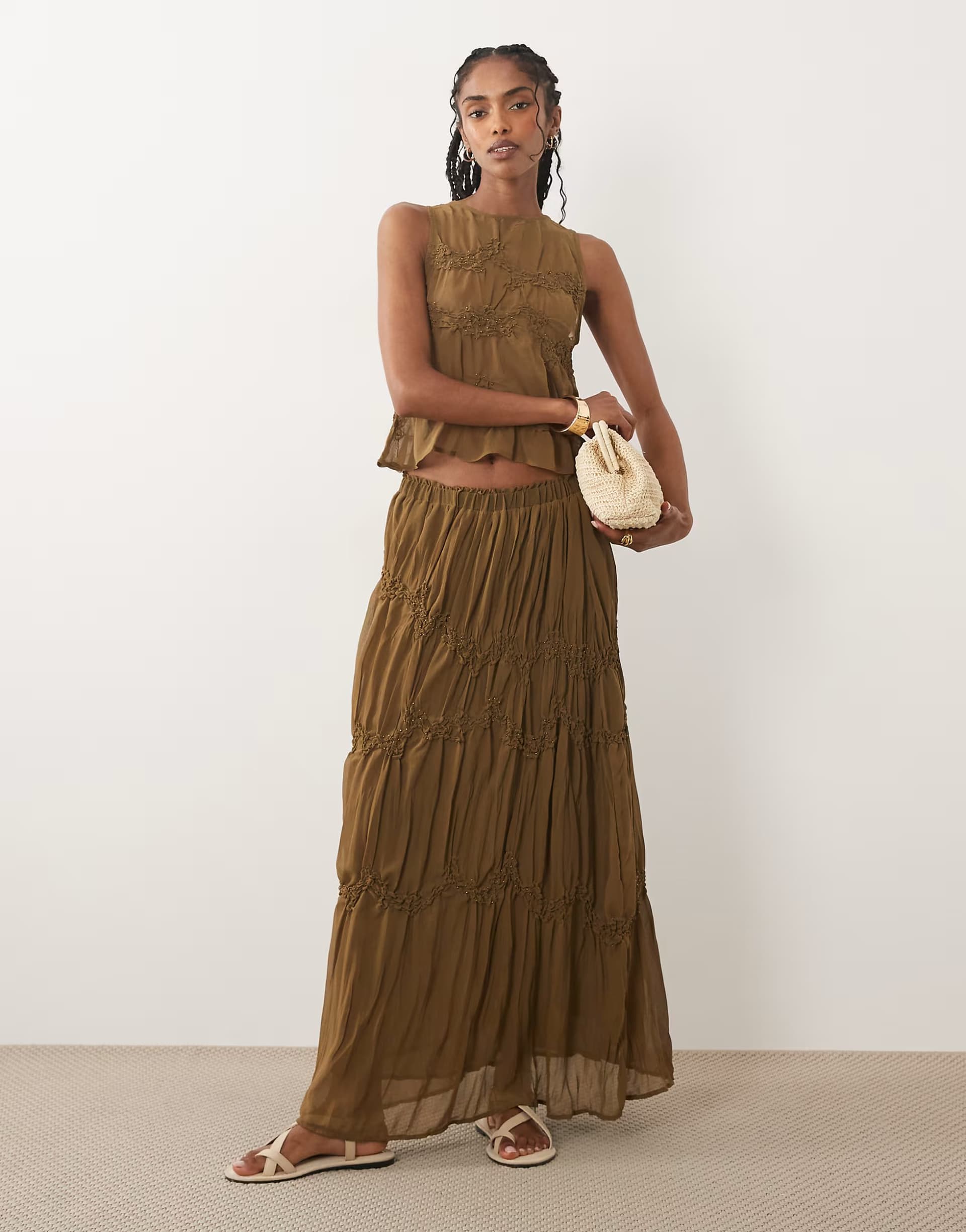 ASOS Mango Snake ruched maxi skirt co-ord with beaded detail in brown