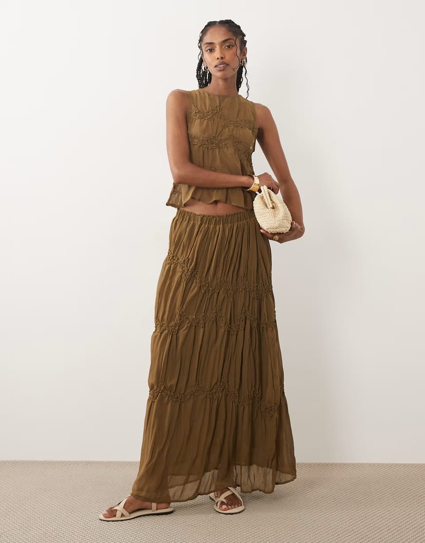 ASOS Mango Snake ruched maxi skirt co-ord with beaded detail in brown - 1