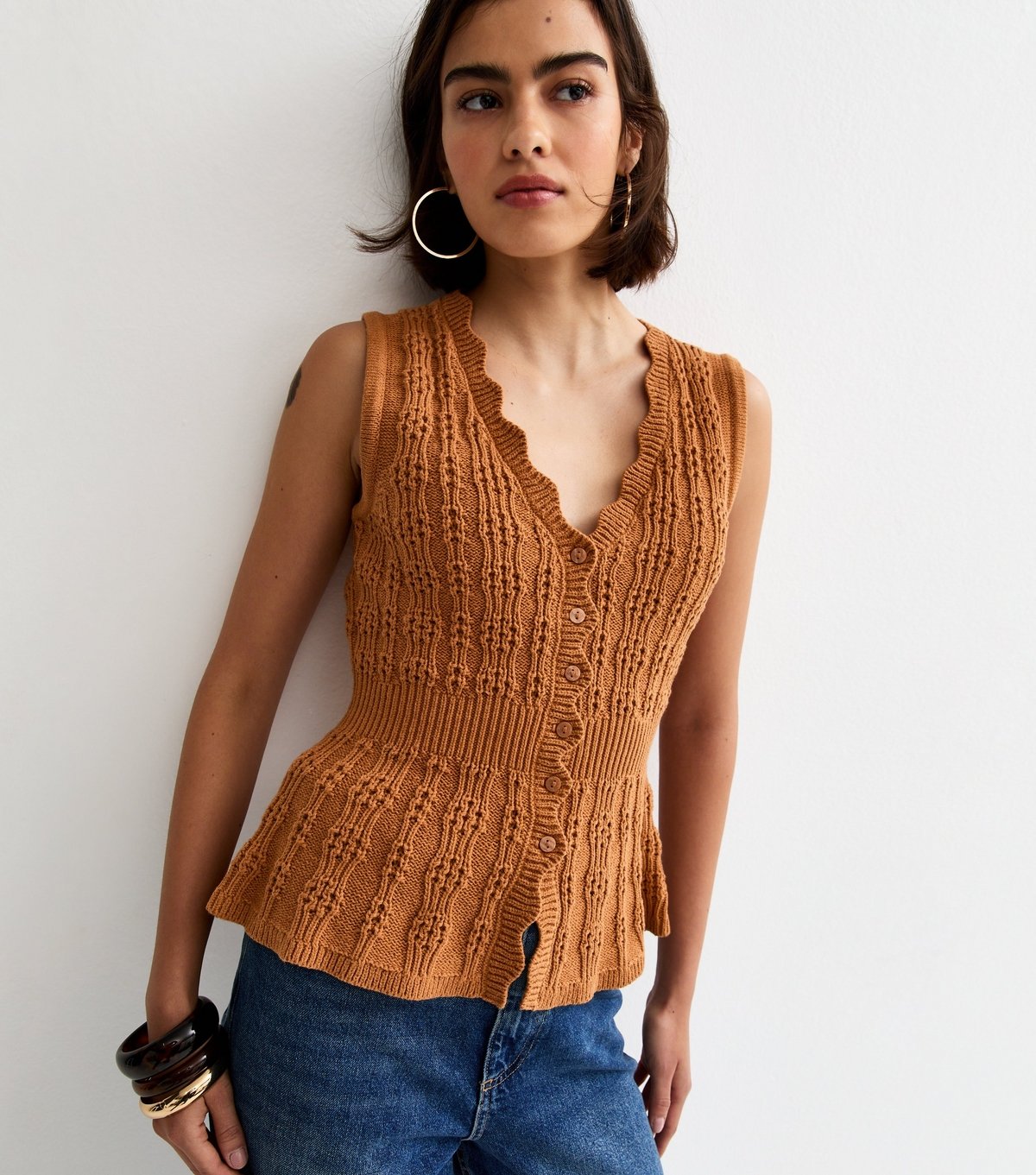 New Look Women's Tan Cotton Rich Textured Knit Waistcoat New Look - 2