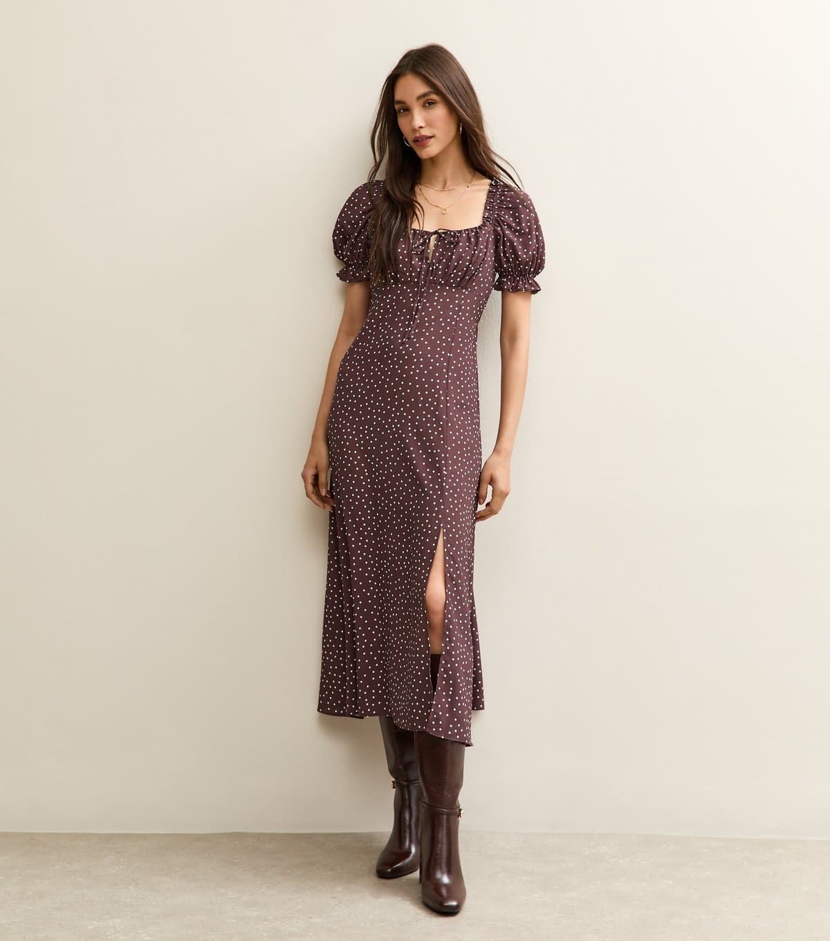New Look Women's Brown Polka Dot Milkmaid Midi Dress New Look