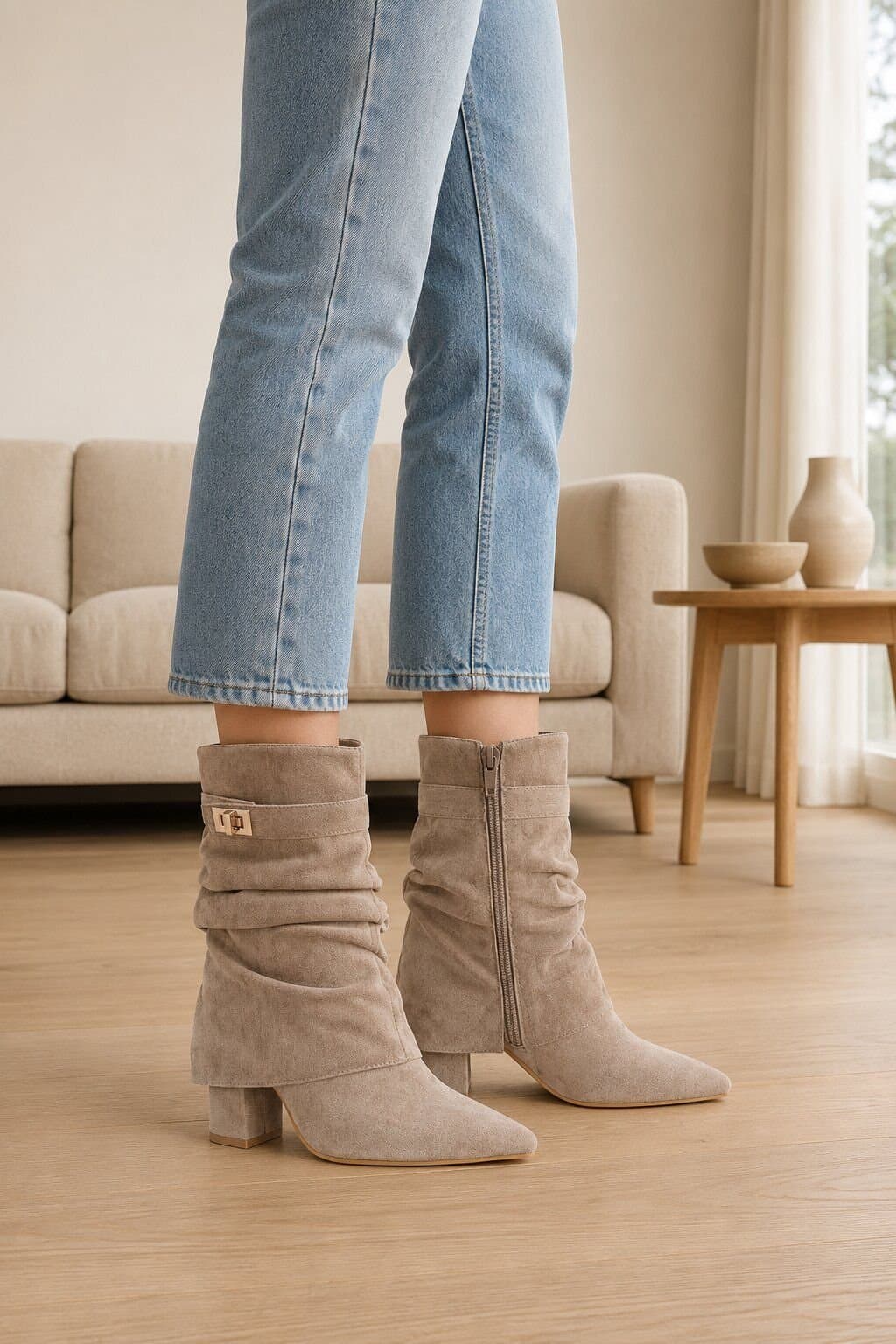 Truffle Collection Truffle Collection Women's Zip Boots Taupe Microfibre Pointed Toe Block Heel Shoes