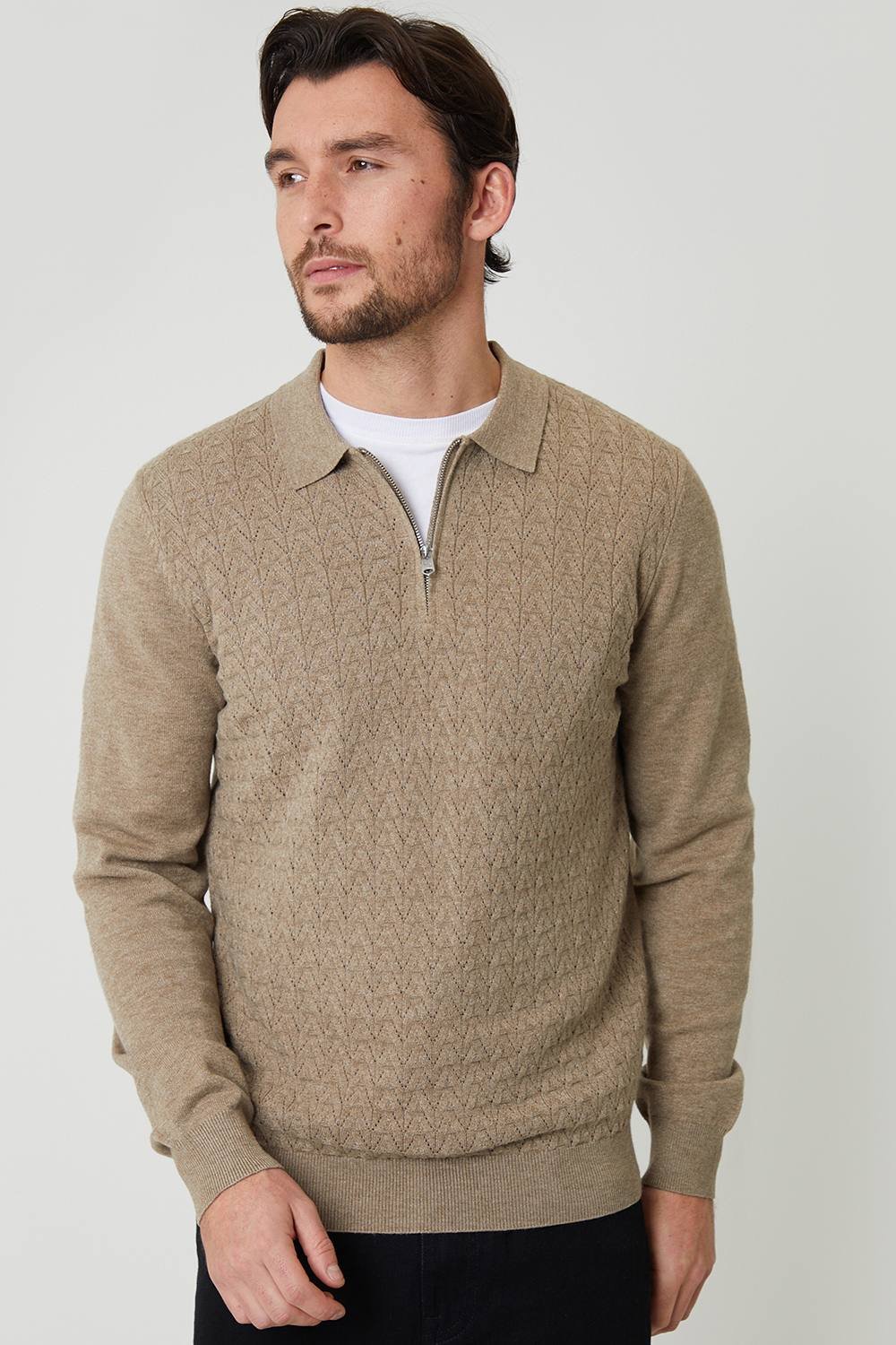 Threadbare Threadbare Men's Textured Knit Quarter Zip Polo Jumper in Natural - 3
