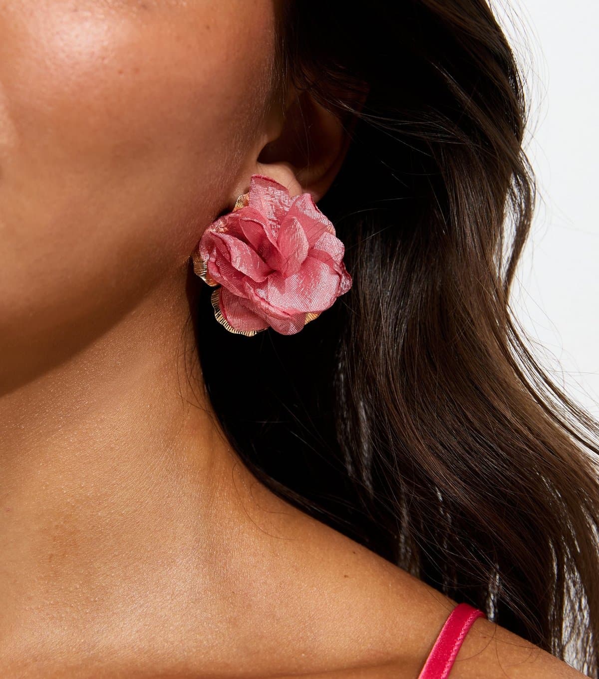 New Look New Look Pink Metal Flower Fabric Petal Stud Earrings