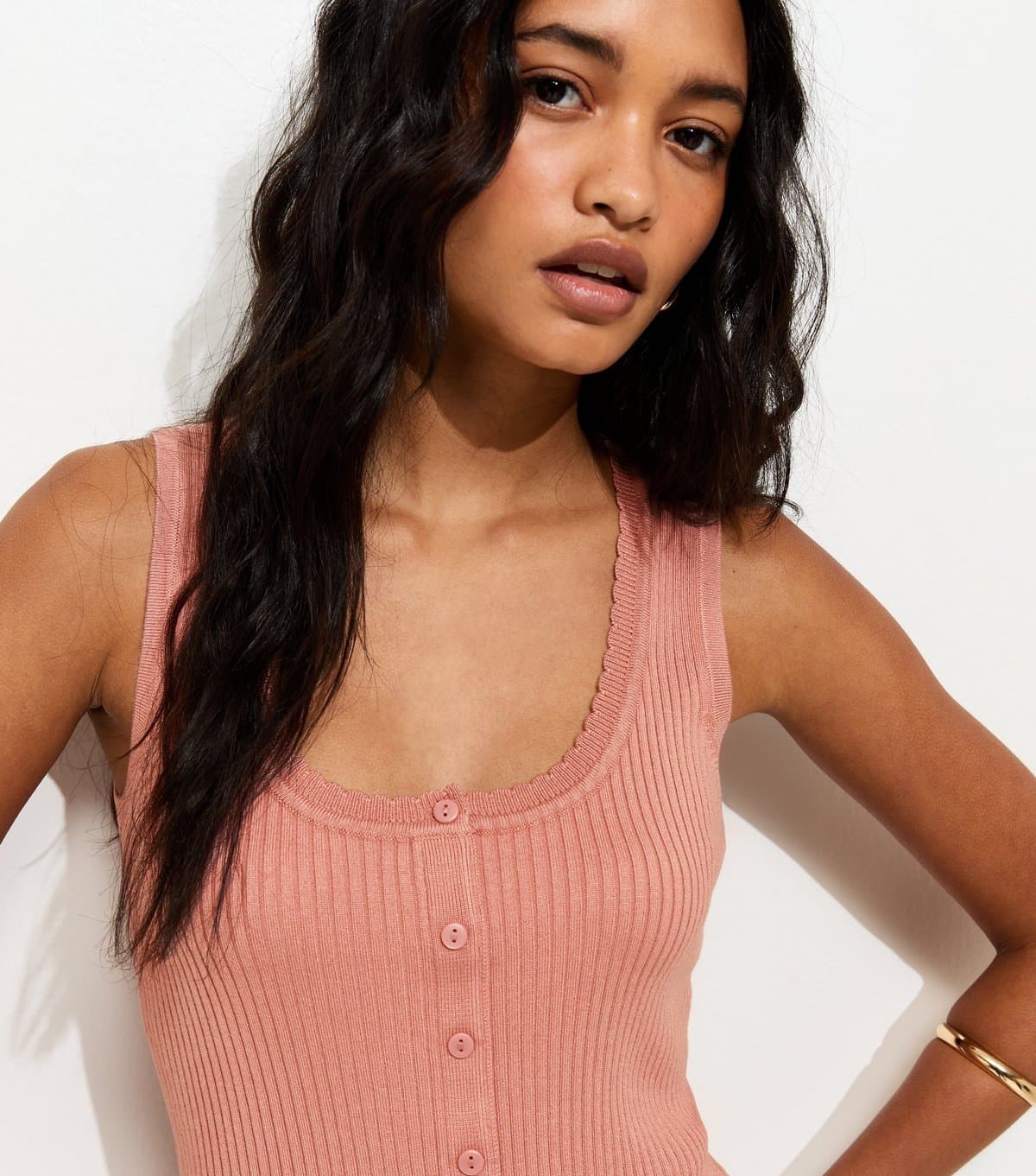 New Look Women's Pink Ribbed Knit Scoop Neck Button Front Vest Top New Look