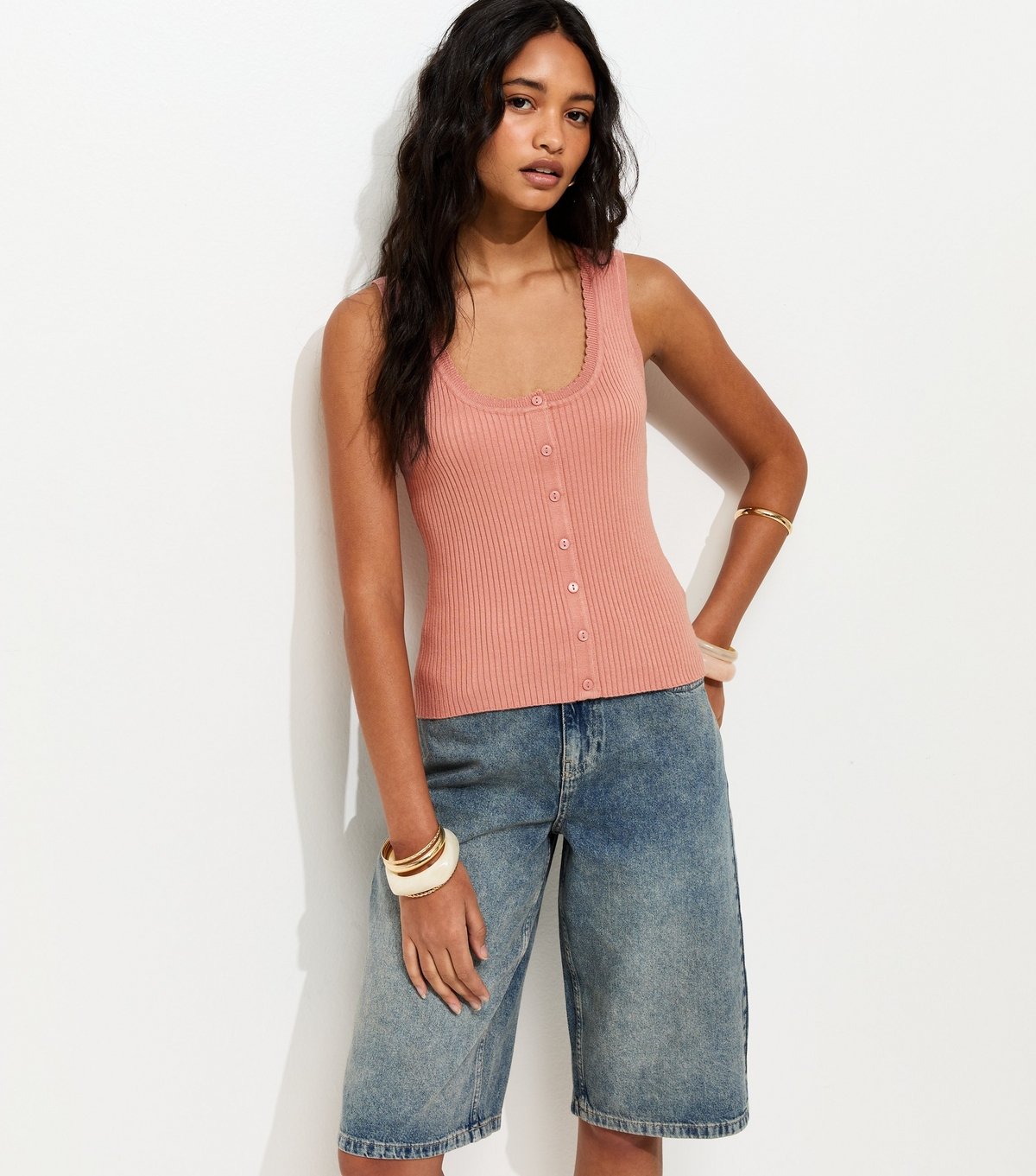 New Look Women's Pink Ribbed Knit Scoop Neck Button Front Vest Top New Look - 2