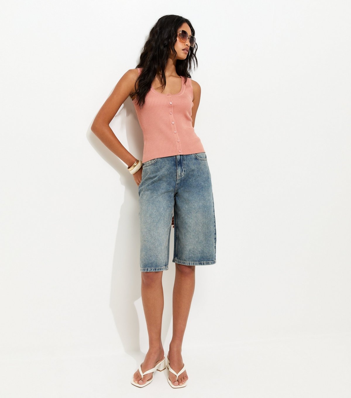 New Look Women's Pink Ribbed Knit Scoop Neck Button Front Vest Top New Look - 3