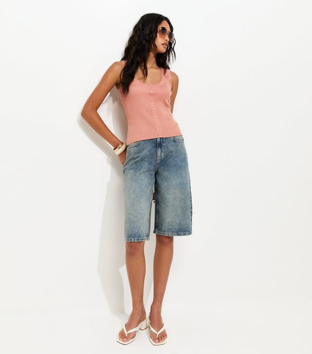 New Look Women's Pink Ribbed Knit Scoop Neck Button Front Vest Top New Look - 3