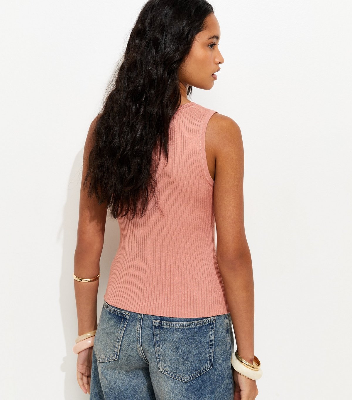 New Look Women's Pink Ribbed Knit Scoop Neck Button Front Vest Top New Look - 4