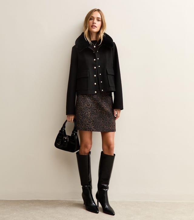 New Look Women's Black Faux Fur Collar Short Shacket New Look - 3