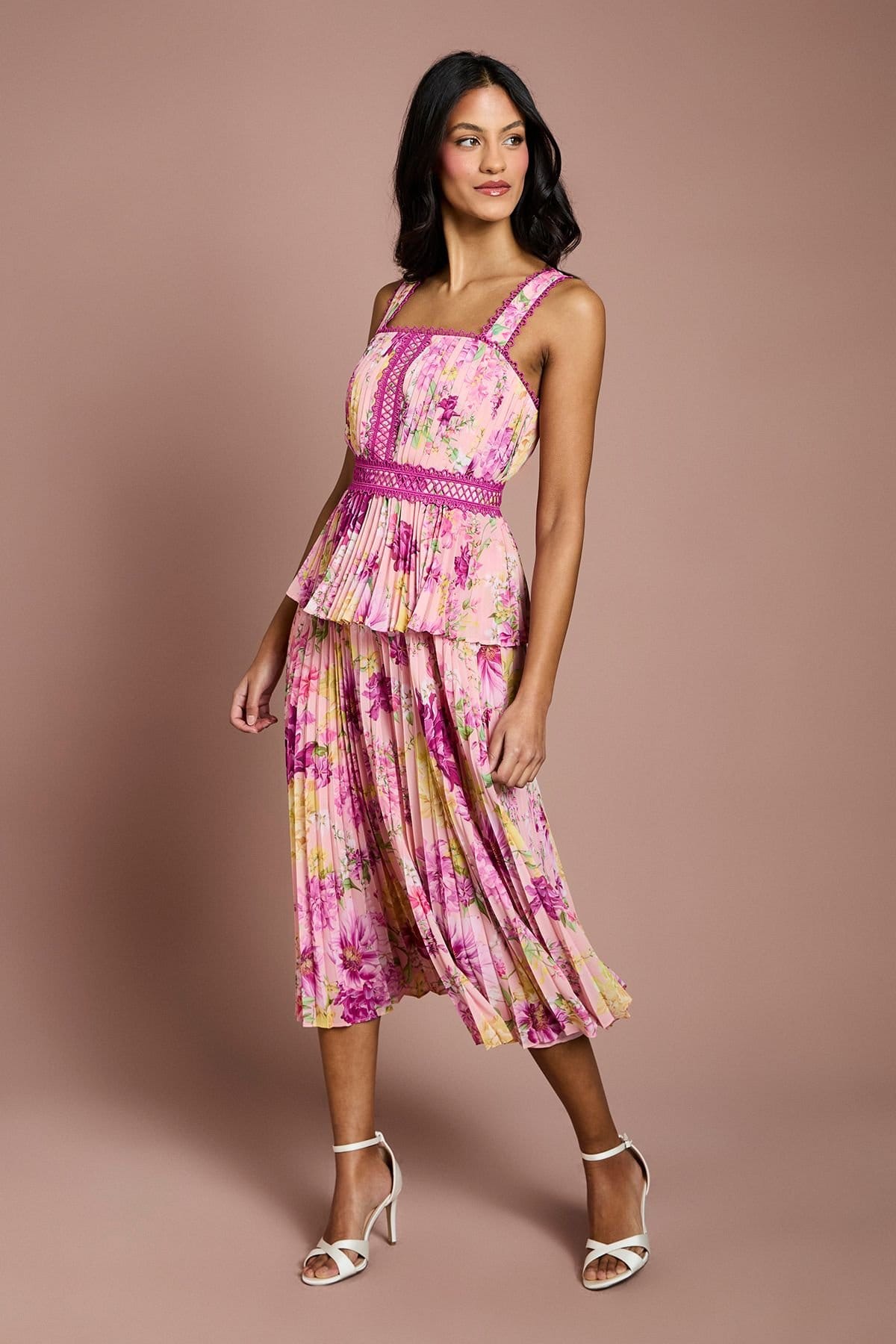 Coast Pink Floral Lace Trim Midi Dress for Petite Women