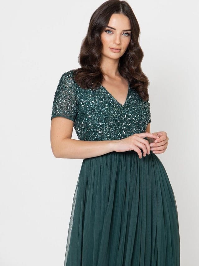 Maya Deluxe Maya Deluxe Women's Short Sleeve V Neck Embellished Maxi Dress in Emerald - 2
